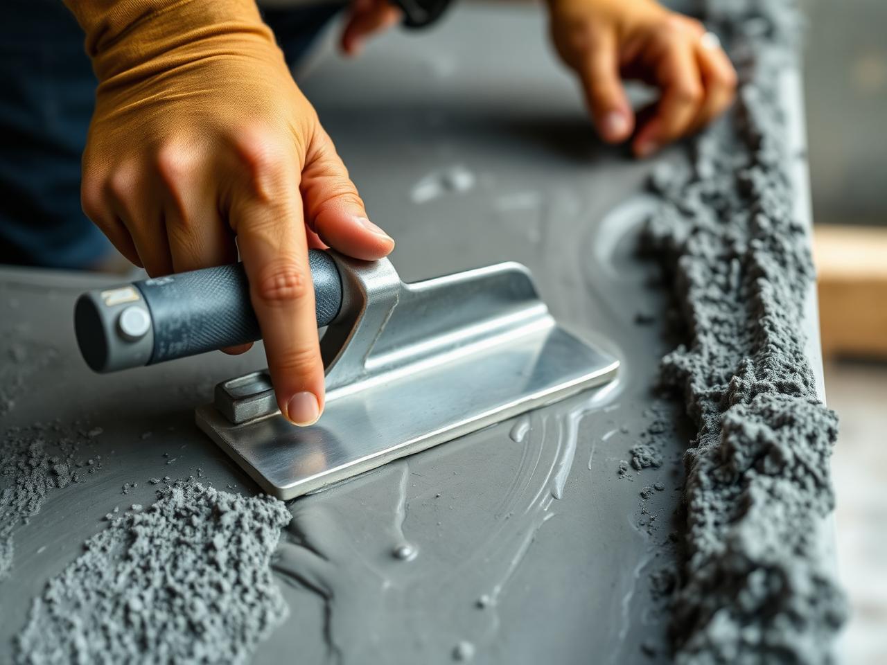 Concrete finisher troweling fresh concrete
