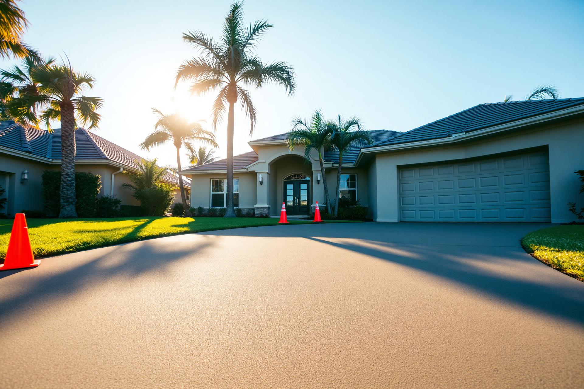 Freshly poured concrete driveway in front of a Florida home